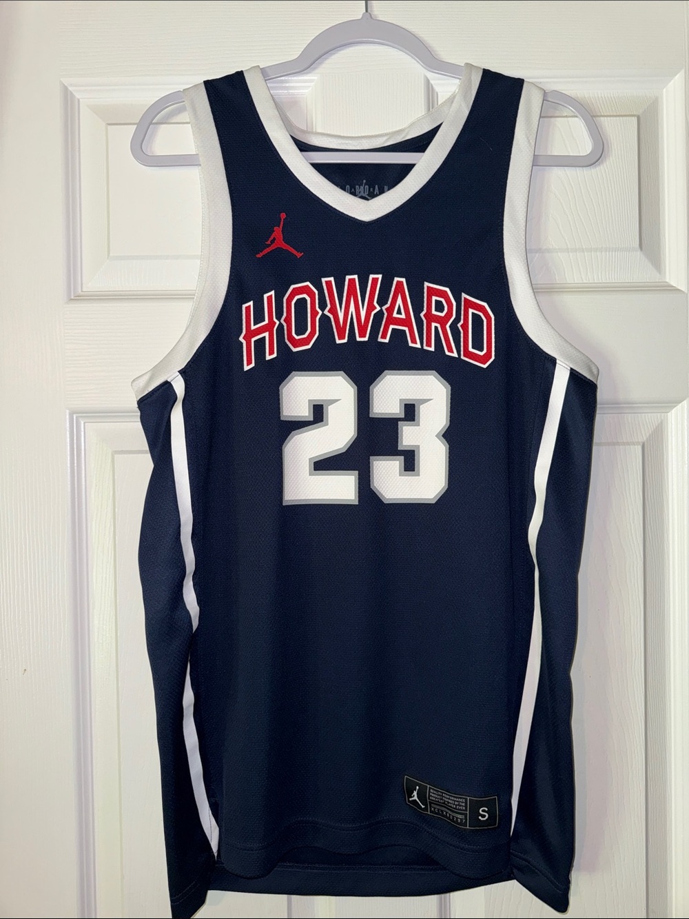 Jordan Navy and White Howard #23 Basketball Jersey with Red Accent